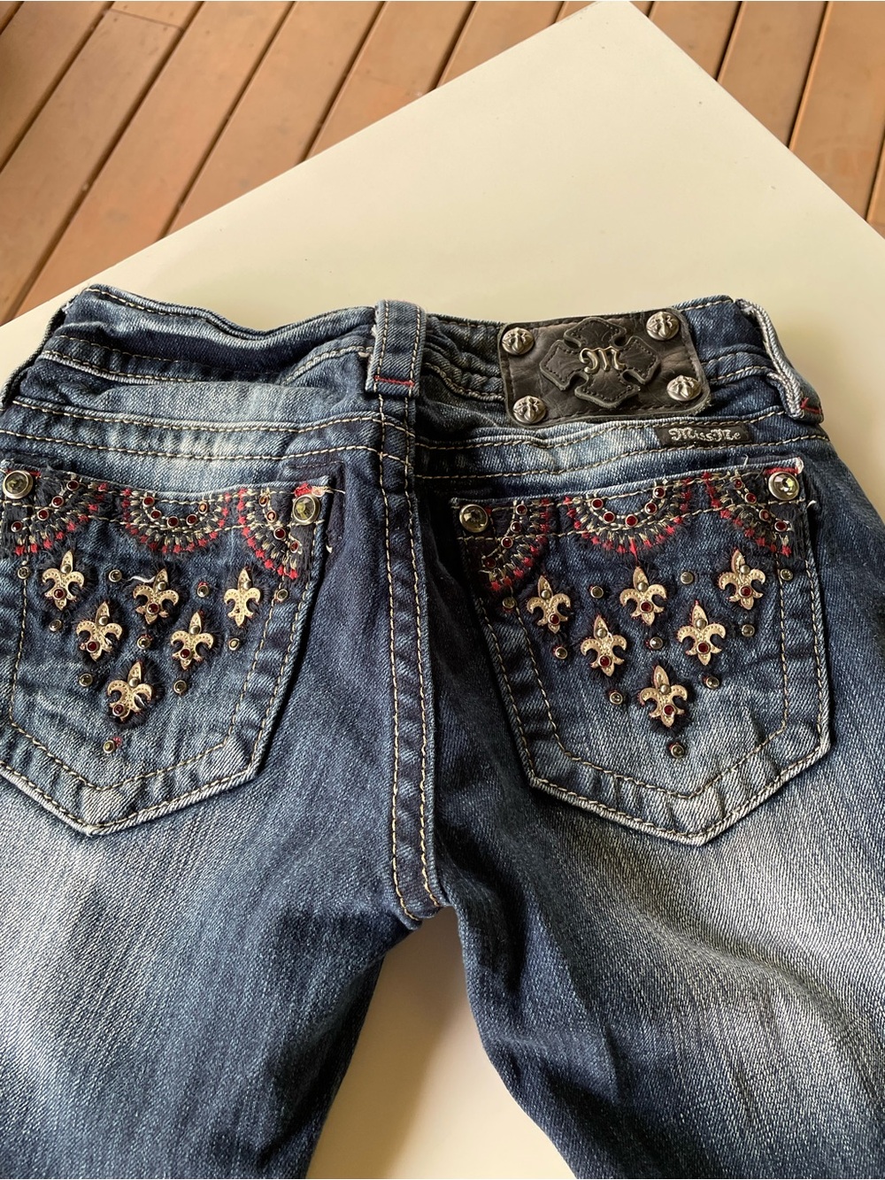 Miss Me Women's Dark Blue Embellished Fleur-de-Lis Boot Cut Jeans